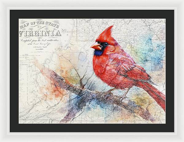 Virginia State Map And Cardinal Bird - Framed Print