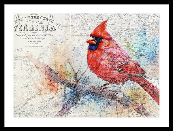 Virginia State Map And Cardinal Bird - Framed Print