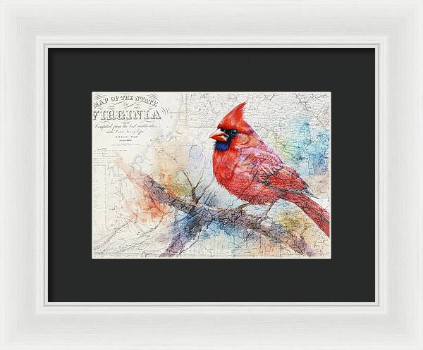 Virginia State Map And Cardinal Bird - Framed Print