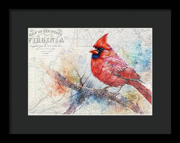 Virginia State Map And Cardinal Bird - Framed Print