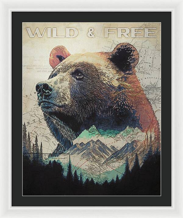 Wild And Free Bear Double Exposure - Framed Print