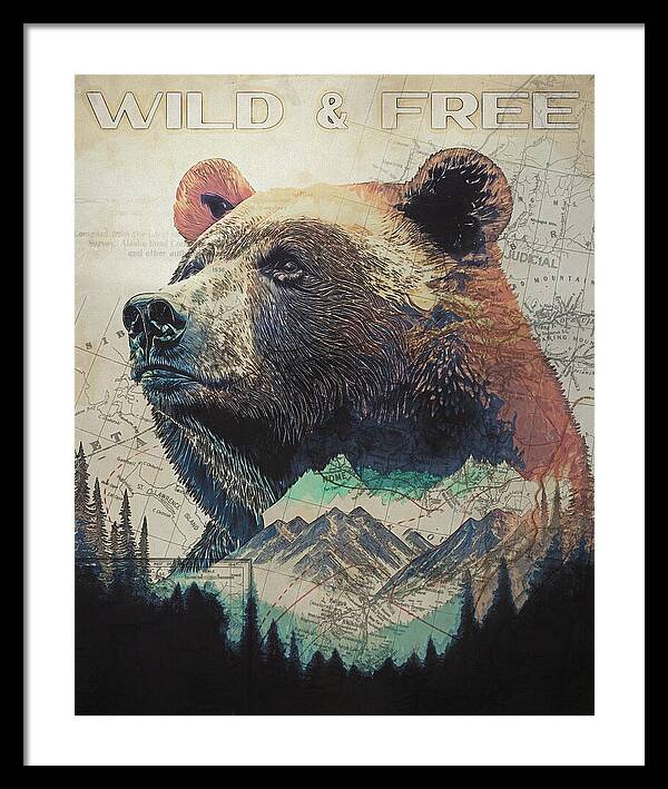 Wild And Free Bear Double Exposure - Framed Print