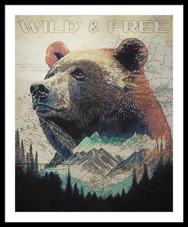 Wild And Free Bear Double Exposure - Framed Print