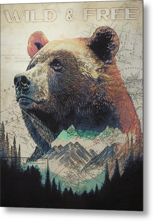 Wild And Free Bear Double Exposure - Metal Print