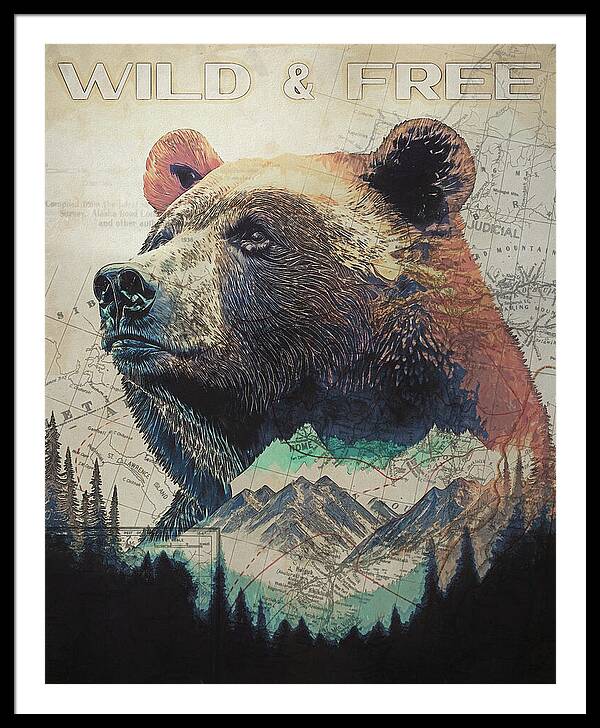 Wild And Free Bear Double Exposure - Framed Print