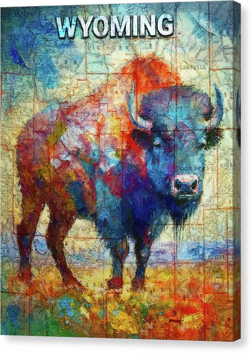 Wyoming Colorful Bison And Map - Canvas Print