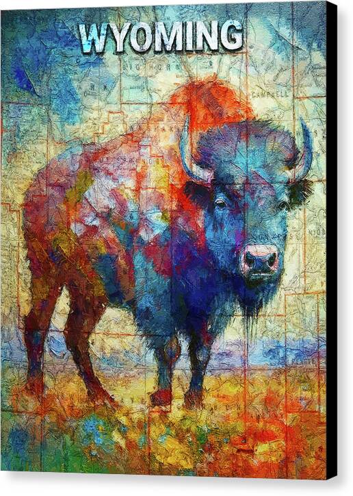 Wyoming Colorful Bison And Map - Canvas Print