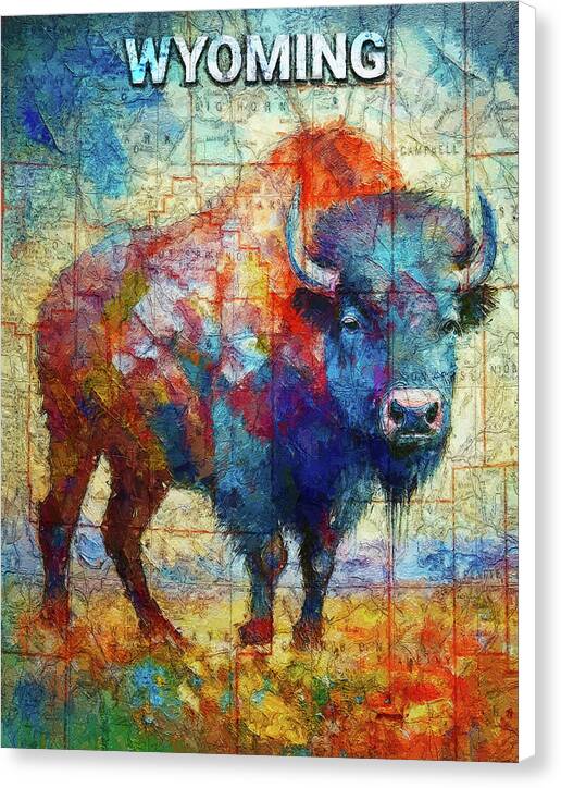 Wyoming Colorful Bison And Map - Canvas Print