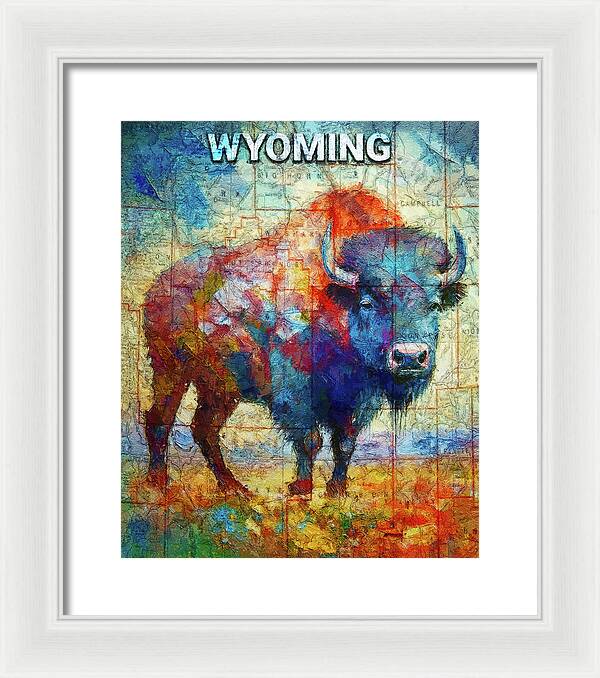 Wyoming Colorful Bison And Map - Framed Print