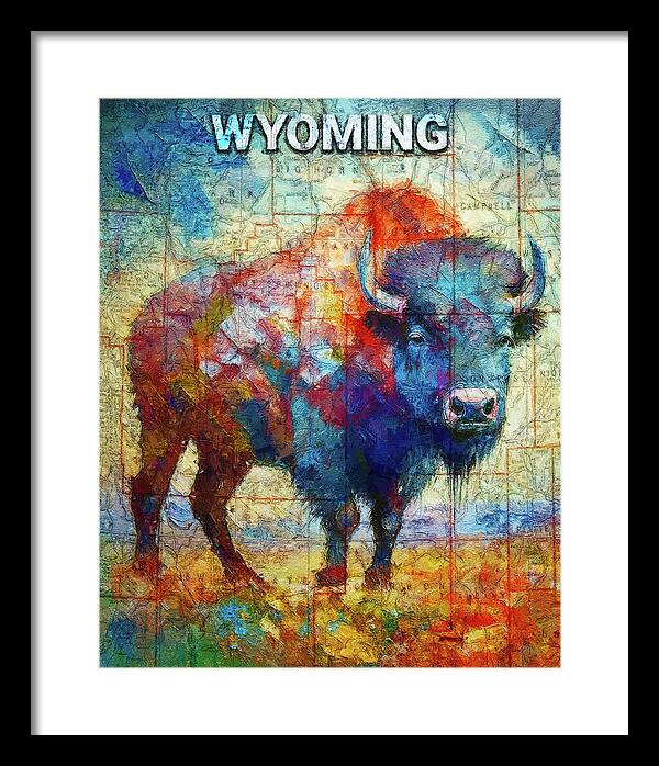 Wyoming Colorful Bison And Map - Framed Print