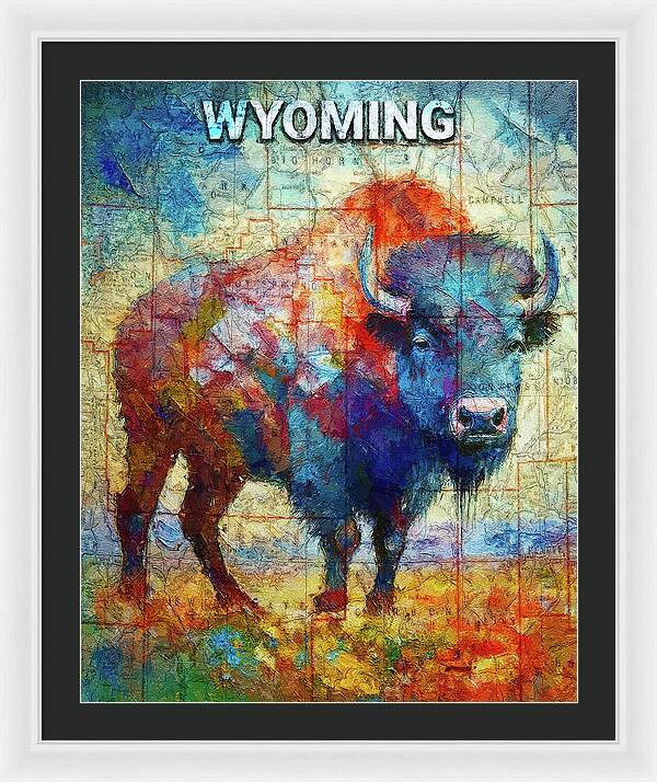 Wyoming Colorful Bison And Map - Framed Print