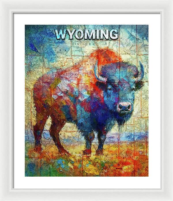 Wyoming Colorful Bison And Map - Framed Print