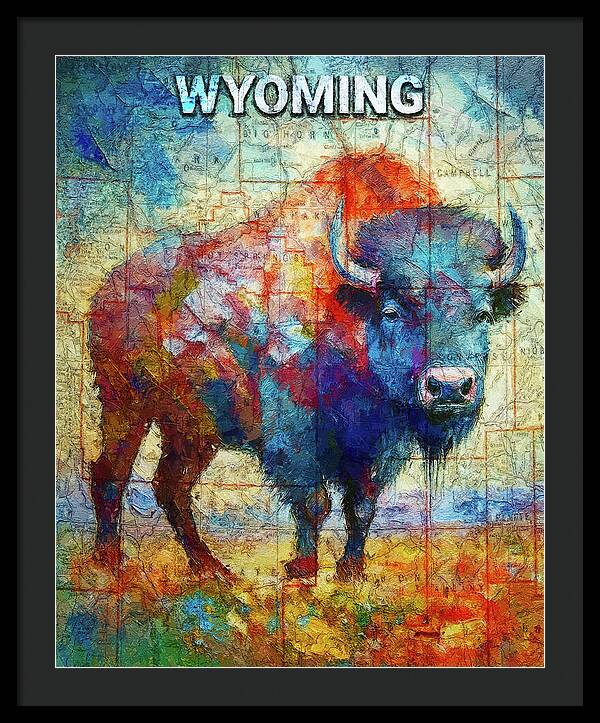 Wyoming Colorful Bison And Map - Framed Print