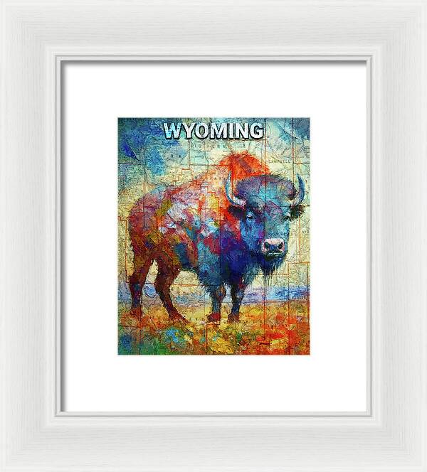 Wyoming Colorful Bison And Map - Framed Print