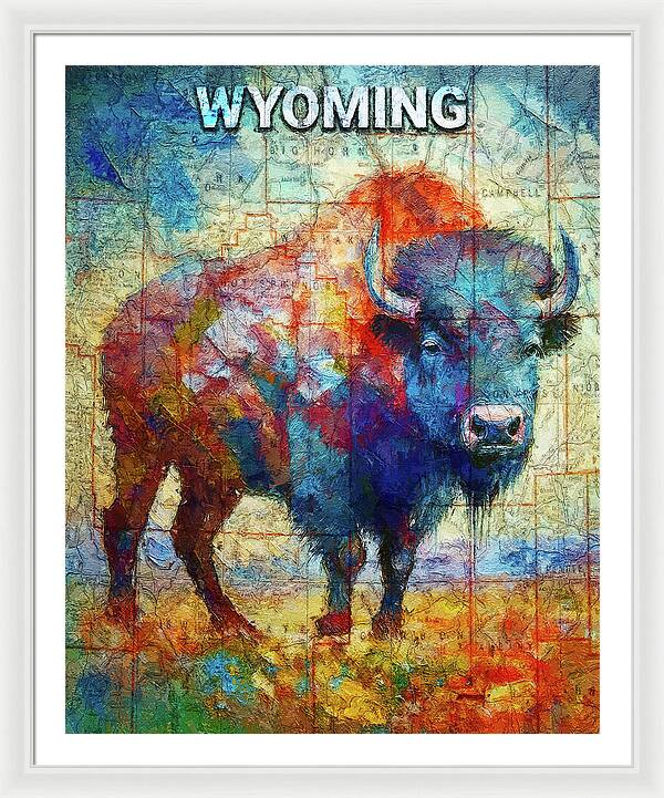 Wyoming Colorful Bison And Map - Framed Print