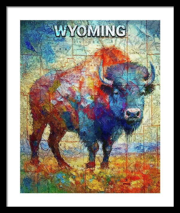 Wyoming Colorful Bison And Map - Framed Print