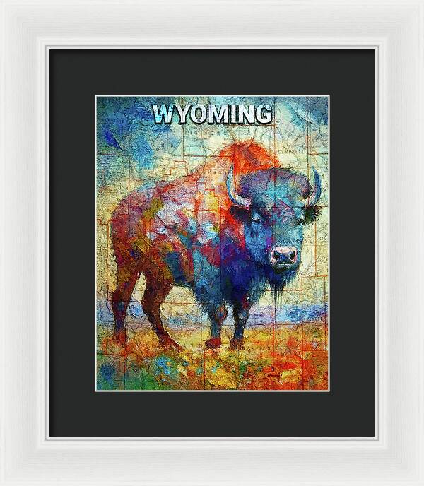 Wyoming Colorful Bison And Map - Framed Print