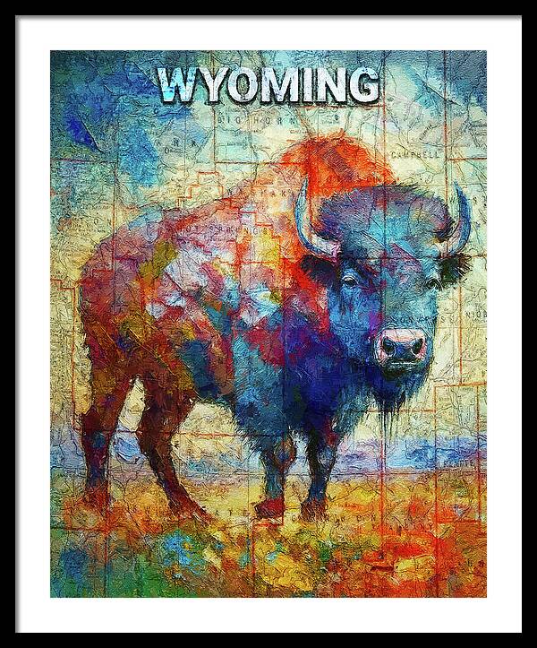 Wyoming Colorful Bison And Map - Framed Print