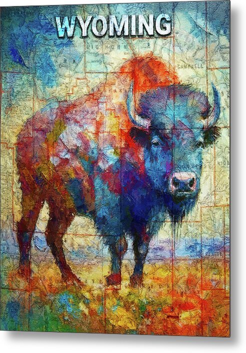 Wyoming Colorful Bison And Map - Metal Print