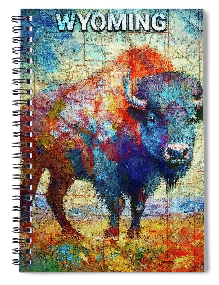 Wyoming Colorful Bison And Map - Spiral Notebook