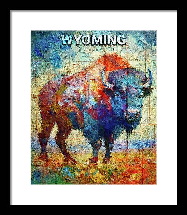 Wyoming Colorful Bison And Map - Framed Print