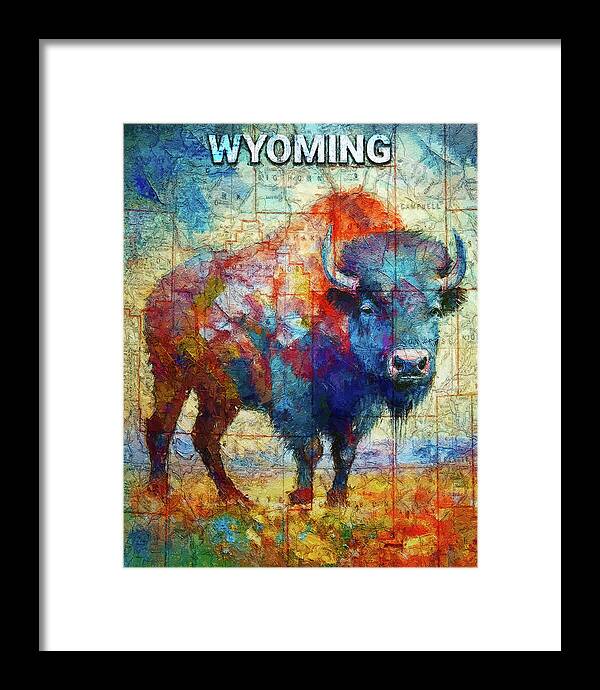 Wyoming Colorful Bison And Map - Framed Print