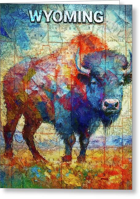 Wyoming Colorful Bison And Map - Greeting Card