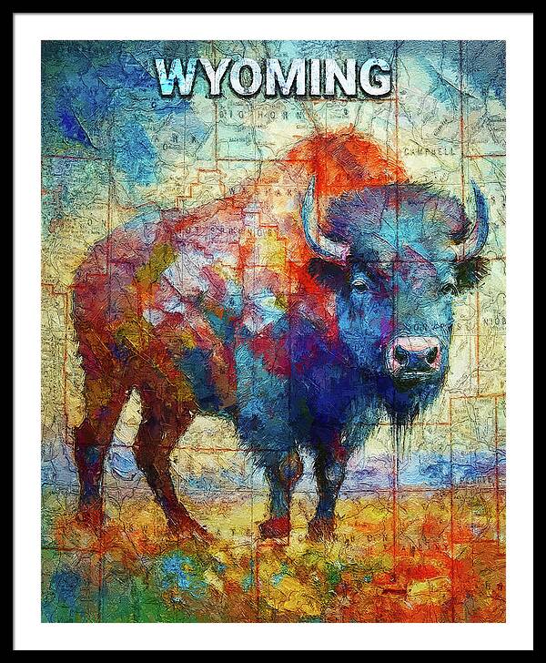 Wyoming Colorful Bison And Map - Framed Print