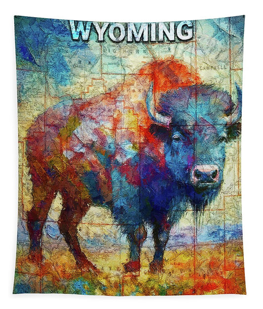 Wyoming Colorful Bison And Map - Tapestry