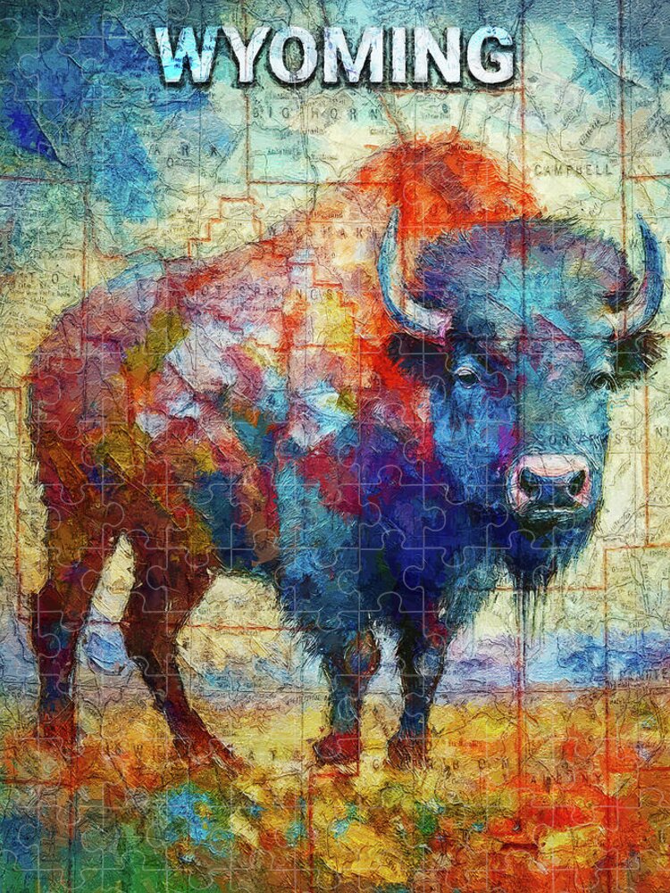 Wyoming Colorful Bison And Map - Puzzle