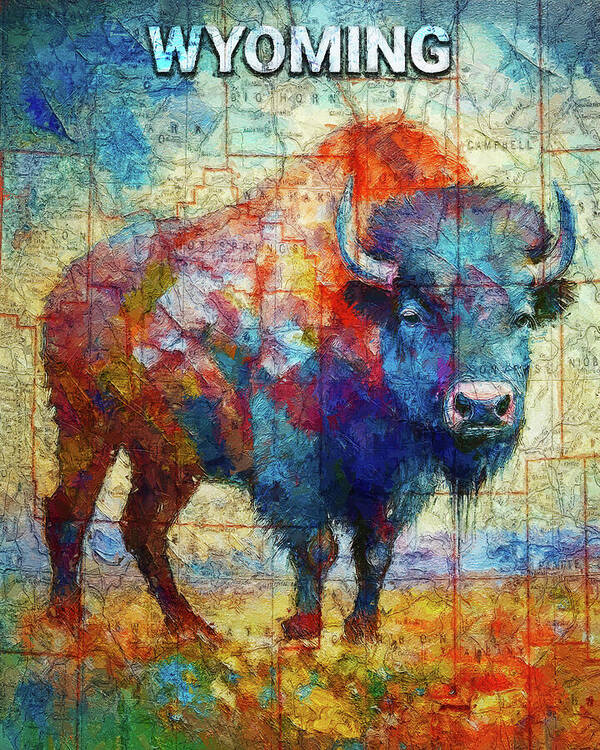 Wyoming Colorful Bison And Map - Art Print