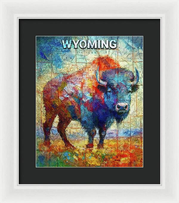 Wyoming Colorful Bison And Map - Framed Print