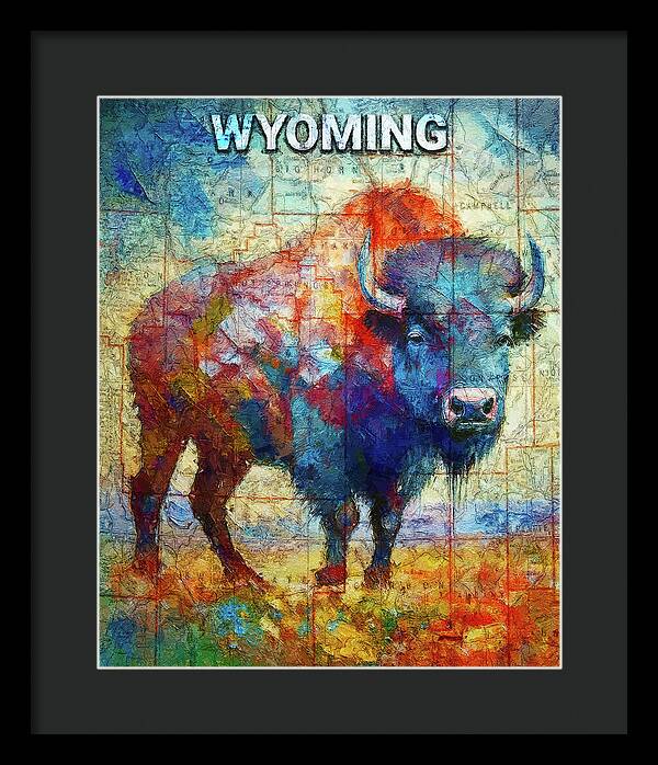 Wyoming Colorful Bison And Map - Framed Print