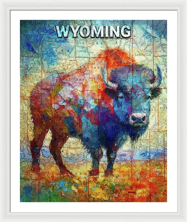 Wyoming Colorful Bison And Map - Framed Print