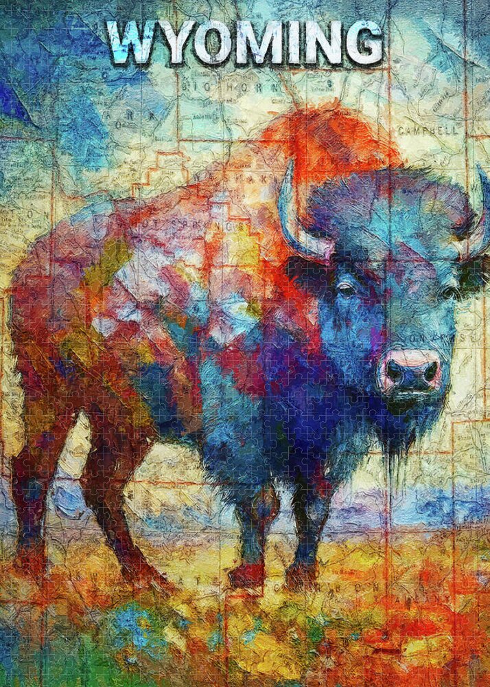 Wyoming Colorful Bison And Map - Puzzle