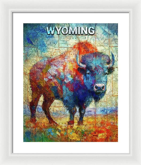 Wyoming Colorful Bison And Map - Framed Print