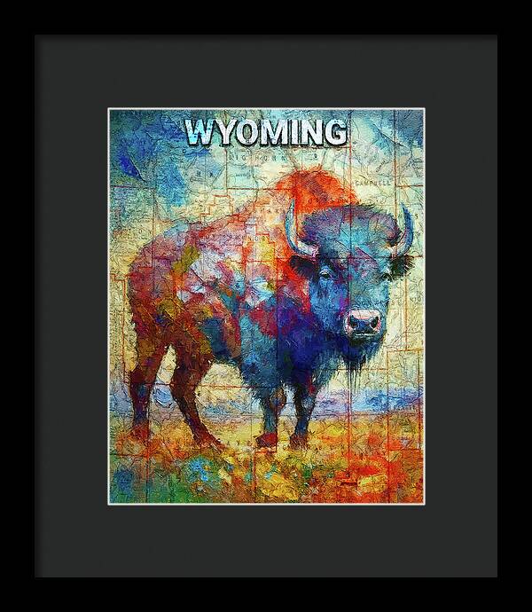 Wyoming Colorful Bison And Map - Framed Print