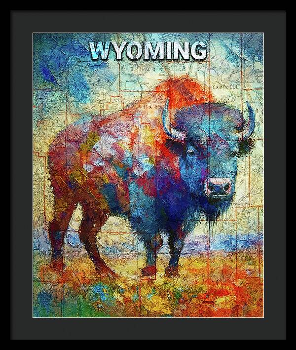 Wyoming Colorful Bison And Map - Framed Print