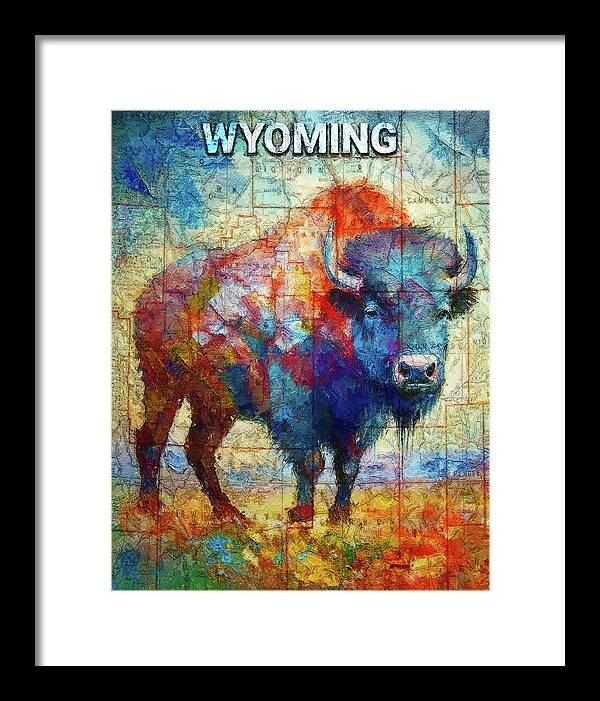 Wyoming Colorful Bison And Map - Framed Print