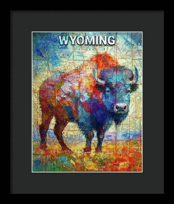 Wyoming Colorful Bison And Map - Framed Print