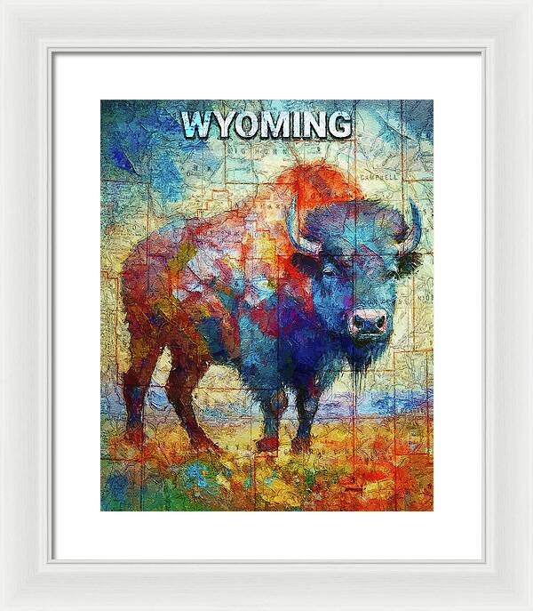 Wyoming Colorful Bison And Map - Framed Print