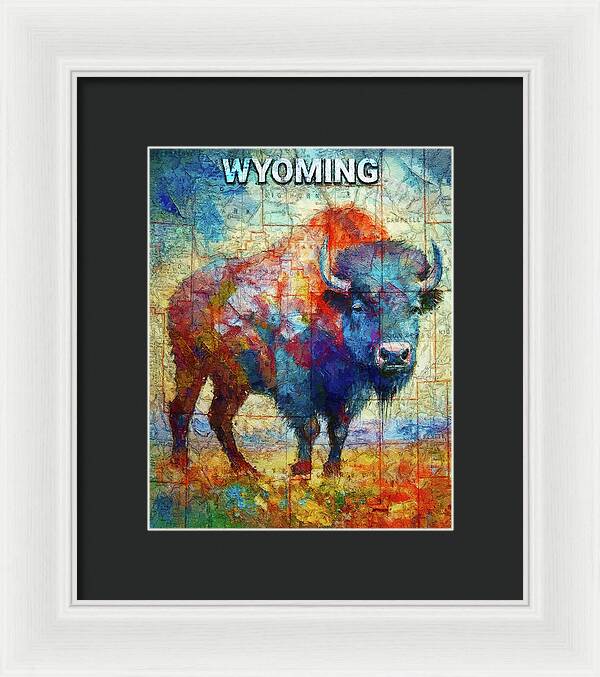 Wyoming Colorful Bison And Map - Framed Print