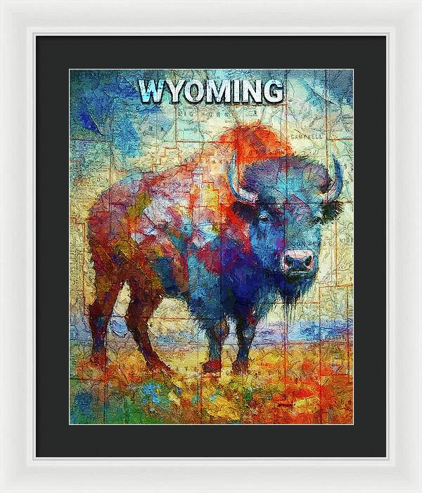 Wyoming Colorful Bison And Map - Framed Print