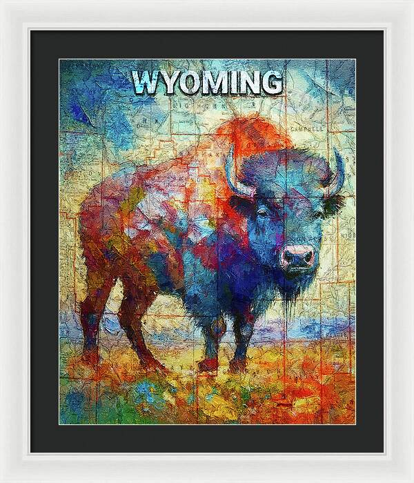 Wyoming Colorful Bison And Map - Framed Print