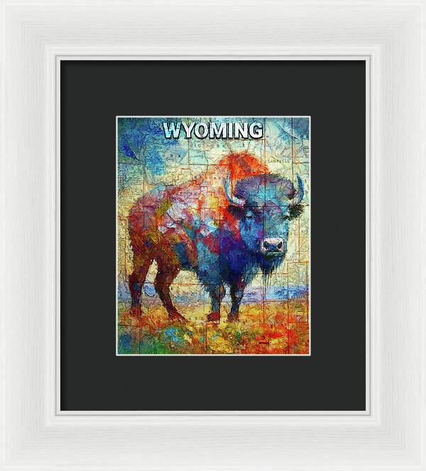 Wyoming Colorful Bison And Map - Framed Print