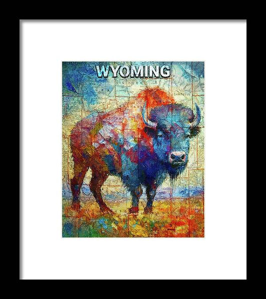 Wyoming Colorful Bison And Map - Framed Print