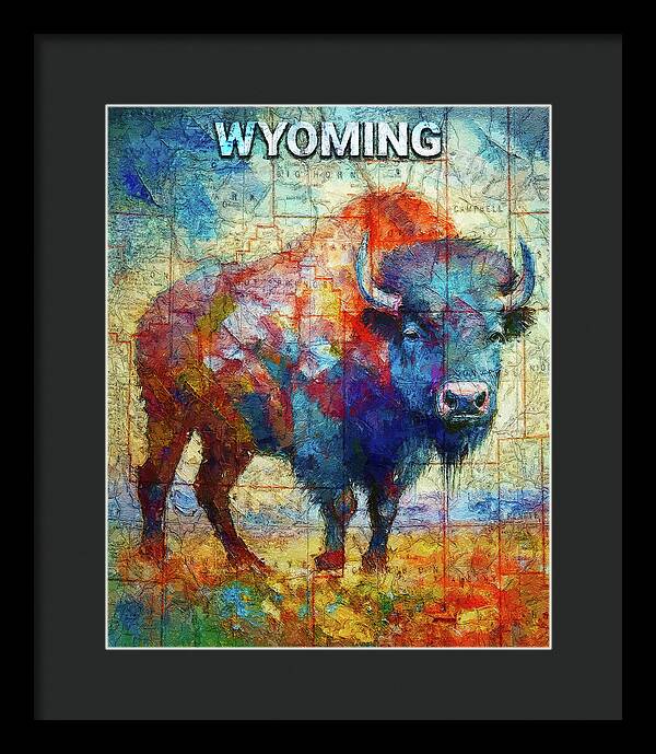 Wyoming Colorful Bison And Map - Framed Print