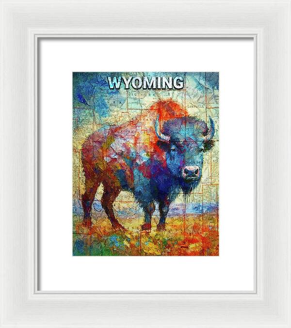 Wyoming Colorful Bison And Map - Framed Print