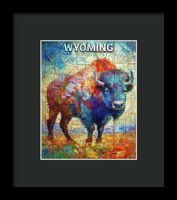 Wyoming Colorful Bison And Map - Framed Print