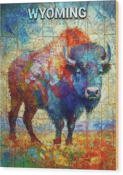 Wyoming Colorful Bison And Map - Wood Print